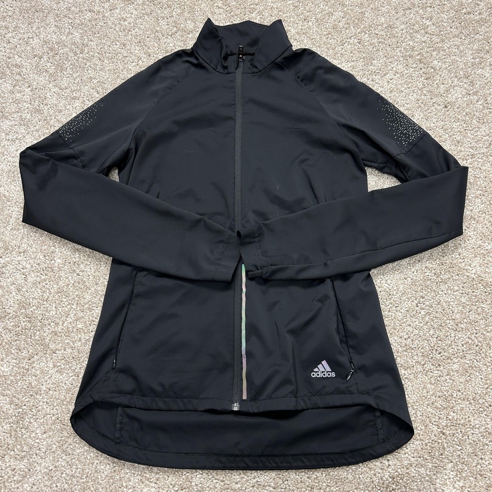 Adidas Jacket Womens Small Black Full Zip Lightweight Reflective Windbreaker
